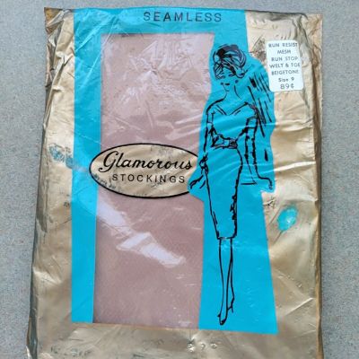 Vtg Seamless Glamourous Stockings Run Resist Mesh Beigetone Sz 9  Sexy Pin Up