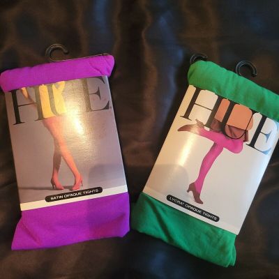 Awesome RARE Vintage 90s HUE Purple And Green Opaque Tights LOT of 2