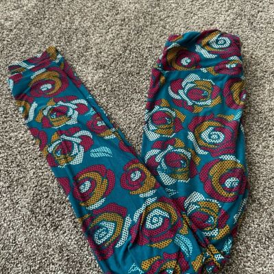 Lularoe OS (2-10) Leggings Disney Beauty & The Beast Roses - Dark Teal Red Gold