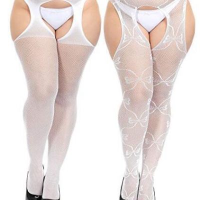 Womens Plus Size Stockings Suspender Pantyhose Fishnet 6-18 White3053(2 Pairs)