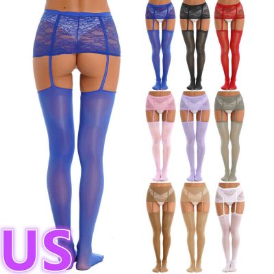 US Women's Sheer Lace Stockings Mini Skirt with Garter Belt Thigh High Pantyhose