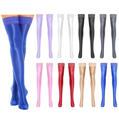 US Womens Long Stockings Glossy Anti-skid Silicone Lace Trim Thigh High Socks