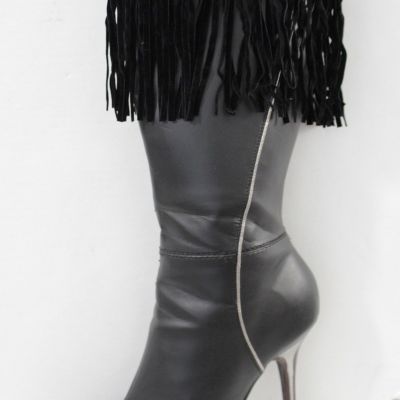 Western Women Winter Boot Toppers Black Fabric Long Fringe Knee High Flower Sexy