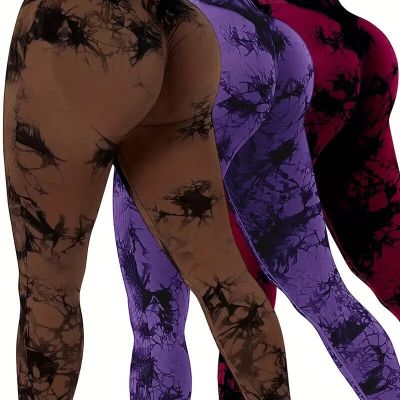 3pc Tie Dye Seamless Sports Gym Workout Leggings, Stretchy High Waist Butt Lifti