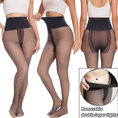 Women High Waist Fleece Lined Tights Fake Translucent Thermal Pantyhose Winter