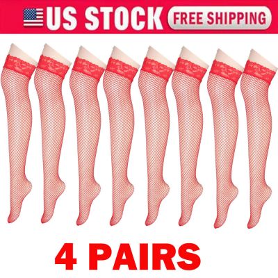 4Pair Red Women Stockings Lace Mesh High Thigh Fishnet Sexy Long Pantyhose US