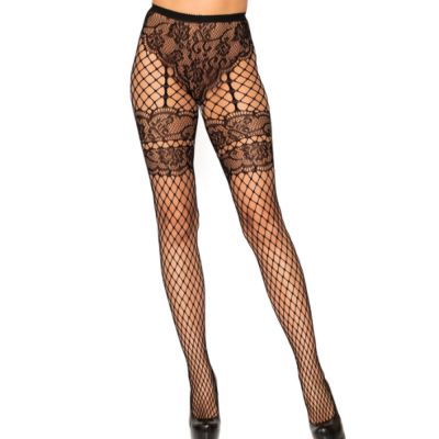 LEG AVENUE Fishnet Tights French Cut Faux Garter Belt Stockings 9281 Black OSFM