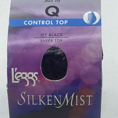 Leggs Silken Mist Control Top Panty hose Q Jet Black Sheer Toe Queen