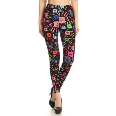 Plus Size Multi Hand Print Leggings, Skinny, Full Length, Elastic High Waist