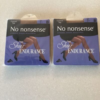 NEW**No Nonsense Sheer Endurance Control Top Pantyhose Beige Mist Size B-2 Pairs