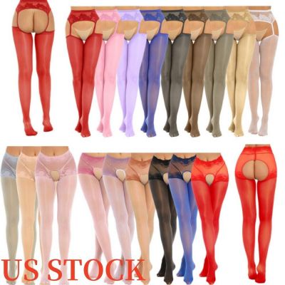 US Womens Lace Stockings Open Crotch See-Through Floral Patchwork Pantyhose