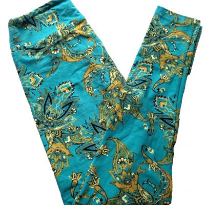 LuLaRoe Leggings Pants OS Turquoise Blue Green Gold Paisley Swirls Flowers Soft