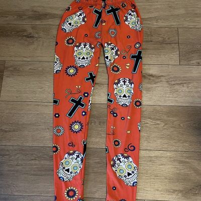 Sugar Skull Cross Leggings One Size Butter Soft Stretch Leggings Stretchy Orange