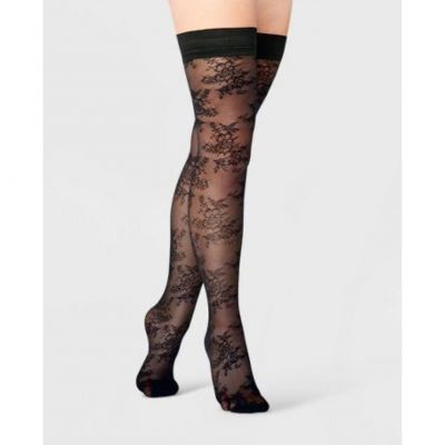 A New Day - Women's Dainty Spring Floral Mesh Thigh Highs - Black - S/M