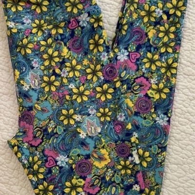 LuLaRoe Leggings OS Paisley Floral Damask Fleur De Lis Hearts Yellow Pink Teal