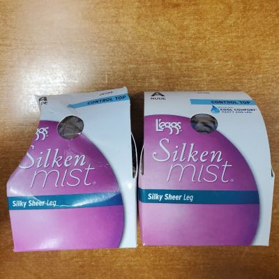 2 Pk: L'eggs Silken Mist Silky Sheer Leg Control Top Nude Size A Pantyhose R7P2a