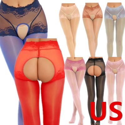 US Womens Seamless Tight Stockings Open Crotch See-Through Floral Lace Pantyhose