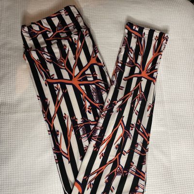 New Woman’s LuLaRoe Bone Black Striped Orange Spider Web Pattern Leggings OS