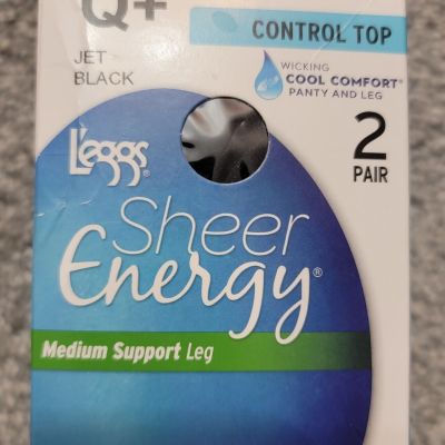 Leggs Sheer Energy Control Top Pantyhose 2 Pr. Jet Black Q+/XL Cool Comfort New