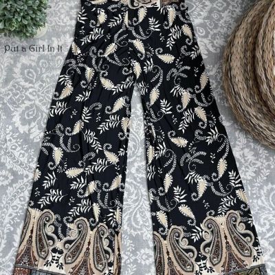 New JUP PLUS SIZE Womens BLACK TAUPE PAISLEY TALL BOHO PALAZZO PANTS XL 1X 2X 3X