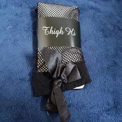 New Thigh Hi Hot Topic Black Net Stockings w/Ribbon, One Size, 100perc Nylon