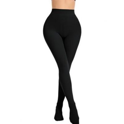 Fleece Lined Tights for Women, Thermal Opaque Tights, High Waist Small Black