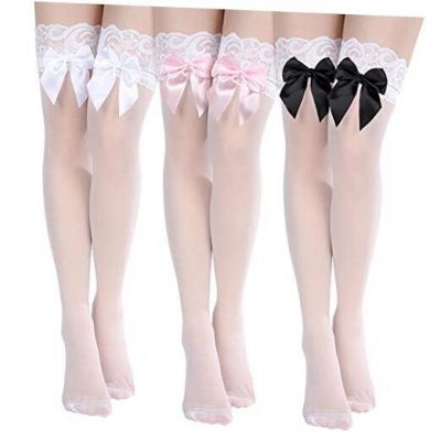 Geyoga Women Bow Lace Thigh High Stockings over the Knee Medium Cute Color