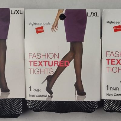 Quantity of 3 Hanes Fashion Textured Tights Non-Control Black Size L / XL