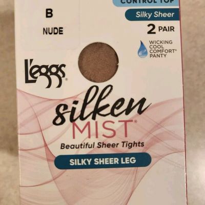 Leggs Silken Mist 2 PAIRS Silky Sheer Leg Tights B NUDE Control Top / Cool 98131