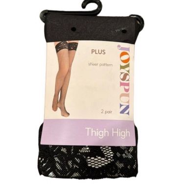 Joyspun Tights Womens Dot & Sheer Black Thigh Highs 2 Pair Floral Lace Tops Plus