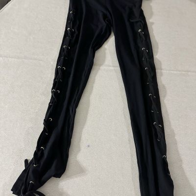 Black Side Lace-Up Leggings athletic poly spandex plus size corset pants gothic