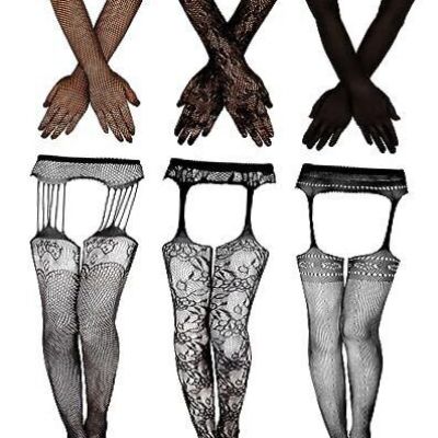 Geyoga 6 Pcs Black Mesh Thigh High Stockings Long Fishnet Floral Lace Gloves