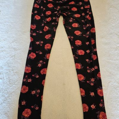 Lularoe Womens Plus TC  Black Red Flower Comfy Casual Pull On Leggings