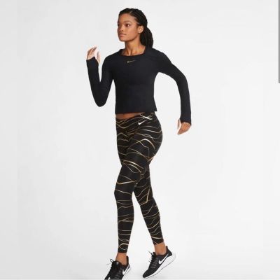 Nike Womens Icon Clash Mid-Rise Running Leggings Plus Size 1X Black & Gold color