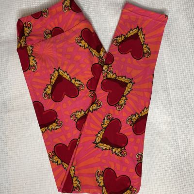 New Woman’s LuLaRoe Hot Pink Peach Red Heart Geo Pattern Leggings OS