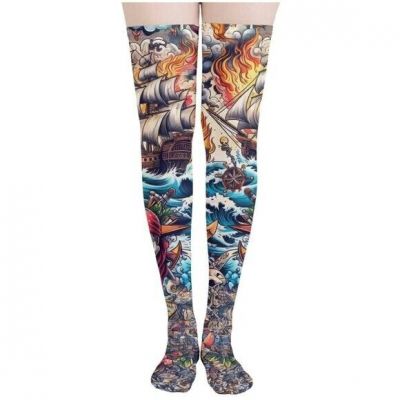 Tattoo Thigh High Stockings Pirate Skull Sexy Large Socks Over the Knee Nautical