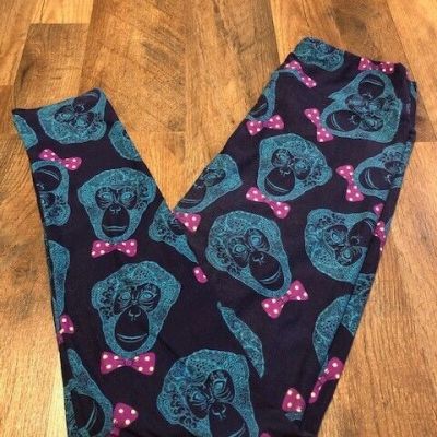 Lularoe OS One Size Monkey Chimp Ape with bowtie purple and blue leggings