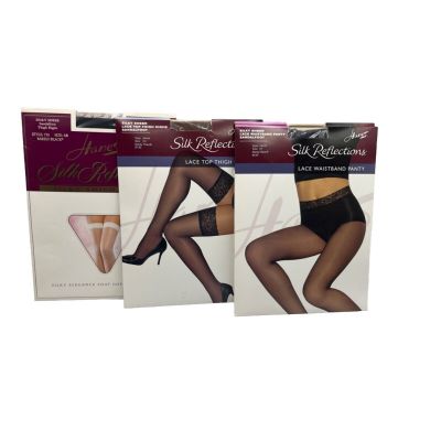 Hanes Silk Reflections Silky Sheer Lace Top Waistband Panty Thigh Highs set of 4