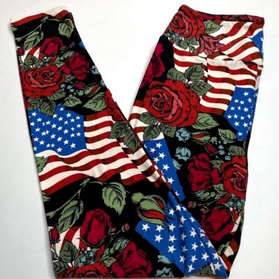 NEW LuLaRoe OS Leggings RED WHITE BLUE Military ROSE USA FLAG America Flower Bud