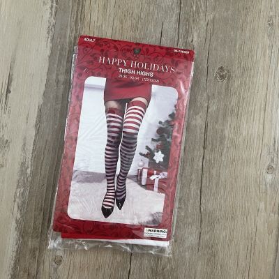 Happy Holiday Thigh Highs Red White Stripes Stockings. Size 28.35