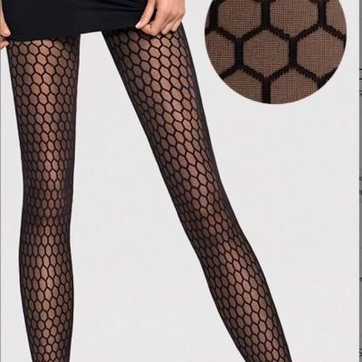 Wolford Courtney Tights Gobi Nude Black Honeycomb Fishnet  MEDIUM 14653