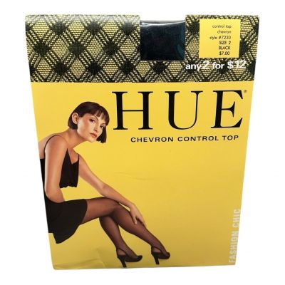 HUE Pantyhose Size 2 Black Control top Chevron pattern NEW #7230