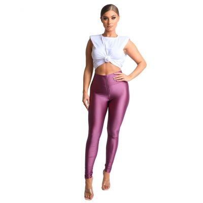 Women's High Waist Zip Front Leggings, Shiny Soft Stretchy Spandex Leggings