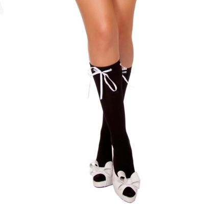 Ribbon Knee Highs Black Stockings White Bows School Girl Maid Costume STC203