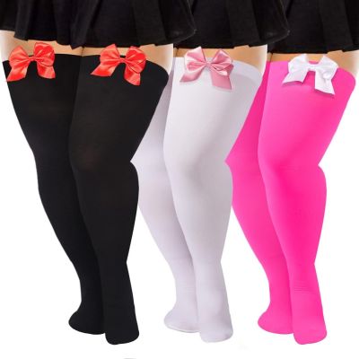 Moon Wood 3 Pairs Women Plus Size Bow Thigh Highs Stockings Opaque Over the Knee