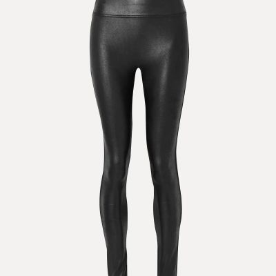 Spanx Shape Stretch Black Faux Leather Leggings Womens Small Slimming Comfort