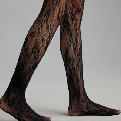 By Anthropologie Womens Lace Tights Sz M Black Floral Stretch Nylon Flirty NEW