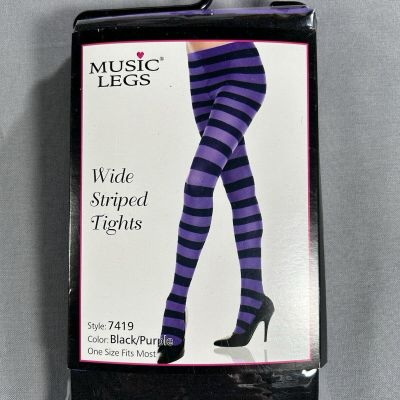 Music Legs purple and black wide striped tights Halloween OSFM NWT