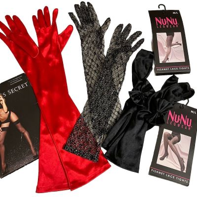 Women’s 6pc Lot Black Fishnet Tights Stockings Victorias Secret & Opera Gloves