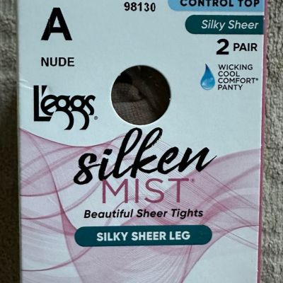 NEW Silken Mist Control Top Tights Nude Silky Sheer Legs 2PK. Size A